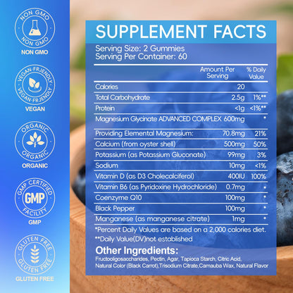 Magnesium Glycinate Gummies 600mg, Chewable Sugar Free Potassium Magnesium Gummies with Manganese Glycinate, Vitamin D, B6, and CoQ10 for Calm Suppor Cytona
