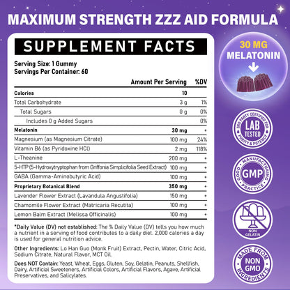 Veyttisy Melatonin 30mg Gummies for Adults - Sugar Free Melatonin Gummies Maximum Strength with Magnesium, B6, GABA & Botanical Blend - Non-Habit Forming,Vegan Veyttisy