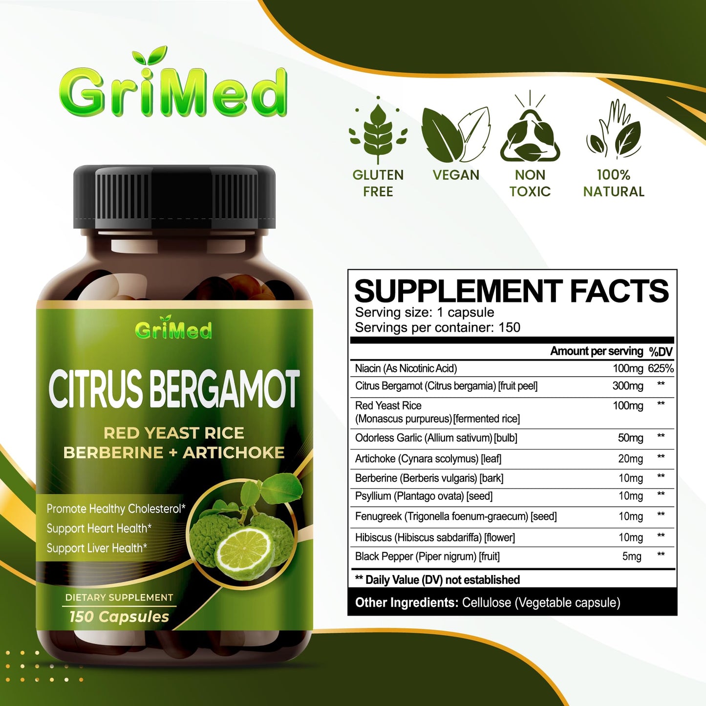 Citrus Bergamot with Red Yeast Rice, Garlic, Artichoke for Healthy Cholesterol, Heart Health (150 Count (Pack of 1)) GriMed