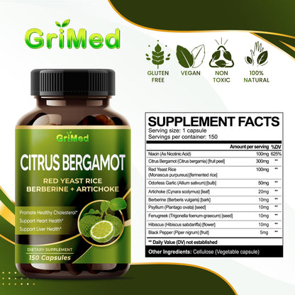 Citrus Bergamot with Red Yeast Rice, Garlic, Artichoke for Healthy Cholesterol, Heart Health (150 Count (Pack of 1)) GriMed