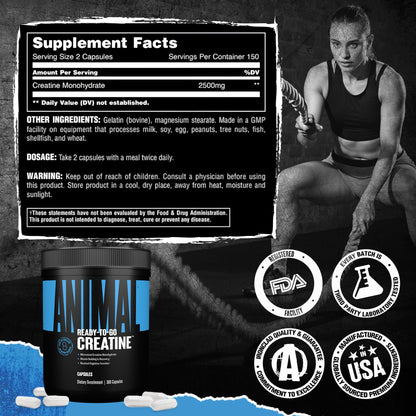 Animal Micronized Creatine Monohydrate Capsules - 300 Caps, 2500mg per Serving to Support Muscle Growth, Endurance, ATP Production, Cognitive Function, Strength Animal