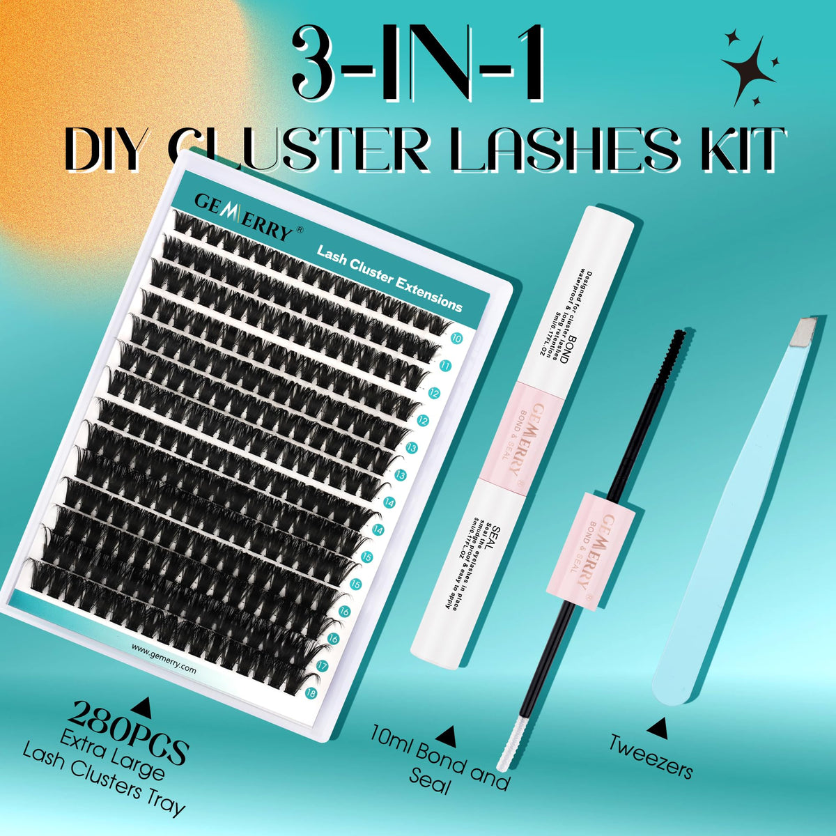 GEMERRY DIY Lash Clusters Kit 80D Bond Seal 280 PCS D Curl 10-18MIX GEMERRY