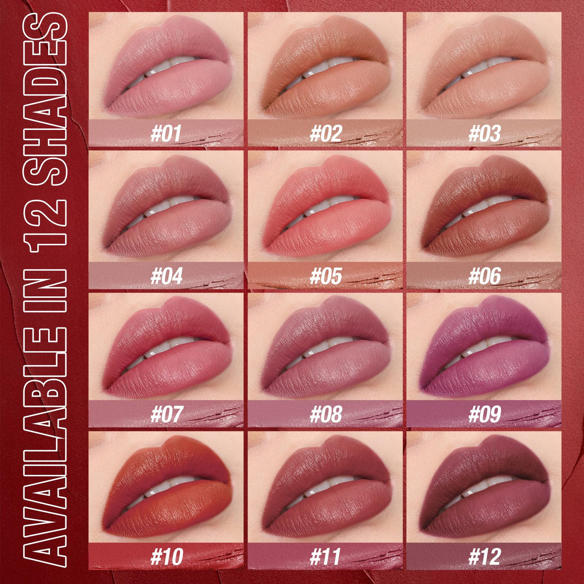 12Pcs Velvet Matte Lipstick Set, Nude to Dark Shades, Long-Lasting,Color A Jolilab