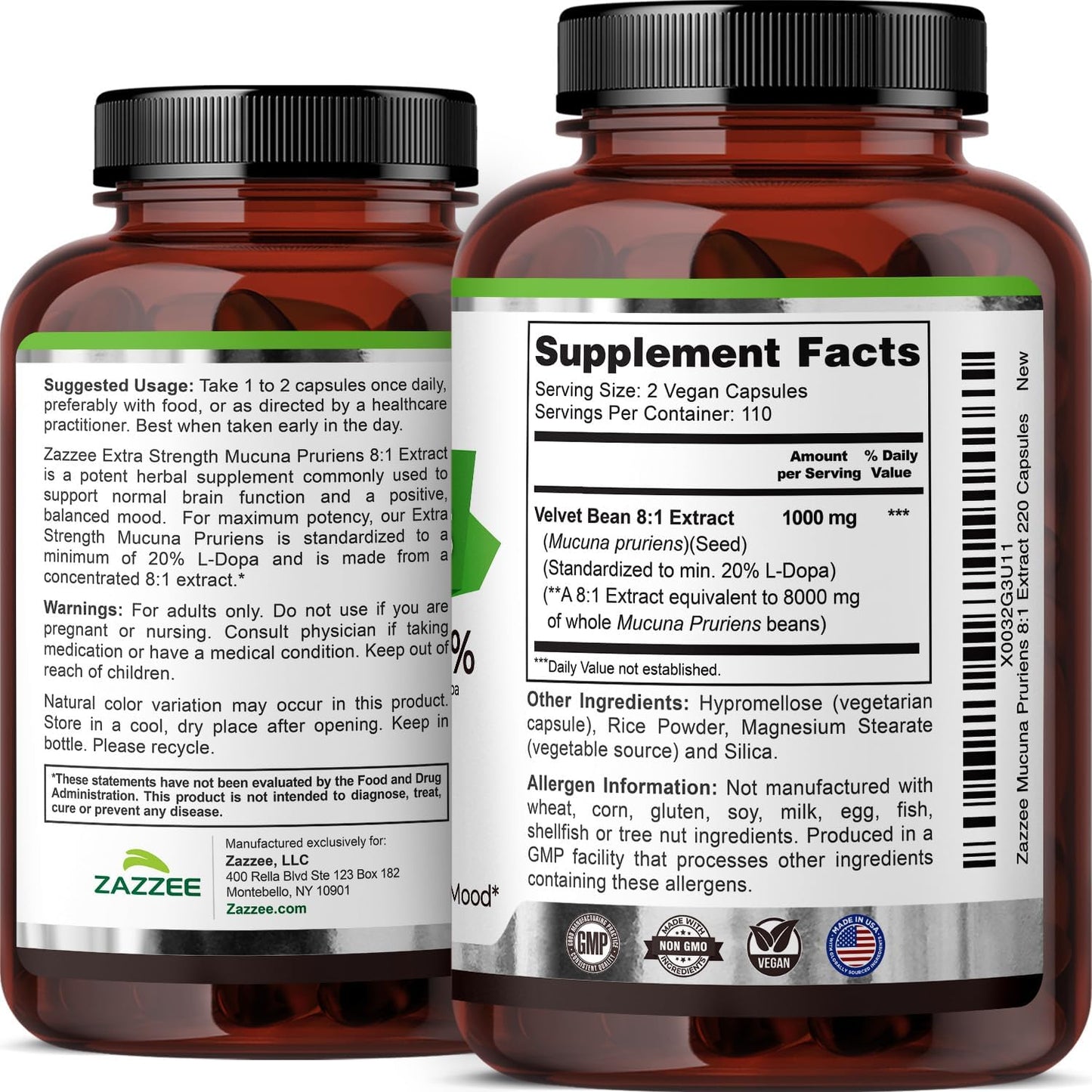 Zazzee Extra Strength Mucuna Pruriens 8:1 Extract, 20% L-Dopa, 220 Capsules | 1000 mg Per Serving, Vegan, 110 Day Supply, Concentrated and Standardized 8X Extract, 100% Vegetarian, All-Natural, Non-GMO Gsupps Australia