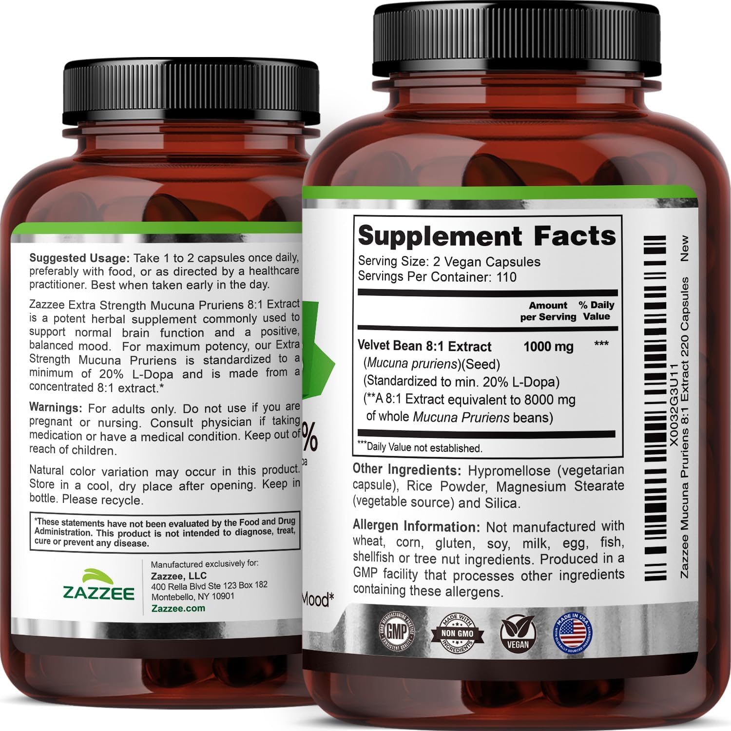 Zazzee Extra Strength Mucuna Pruriens 8:1 Extract, 20% L-Dopa, 220 Capsules | 1000 mg Per Serving, Vegan, 110 Day Supply, Concentrated and Standardized 8X Extract, 100% Vegetarian, All-Natural, Non-GMO Gsupps Australia