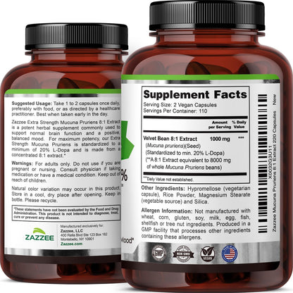 Zazzee Extra Strength Mucuna Pruriens 8:1 Extract, 20% L-Dopa, 220 Capsules | 1000 mg Per Serving, Vegan, 110 Day Supply, Concentrated and Standardized 8X Extract, 100% Vegetarian, All-Natural, Non-GMO Gsupps Australia