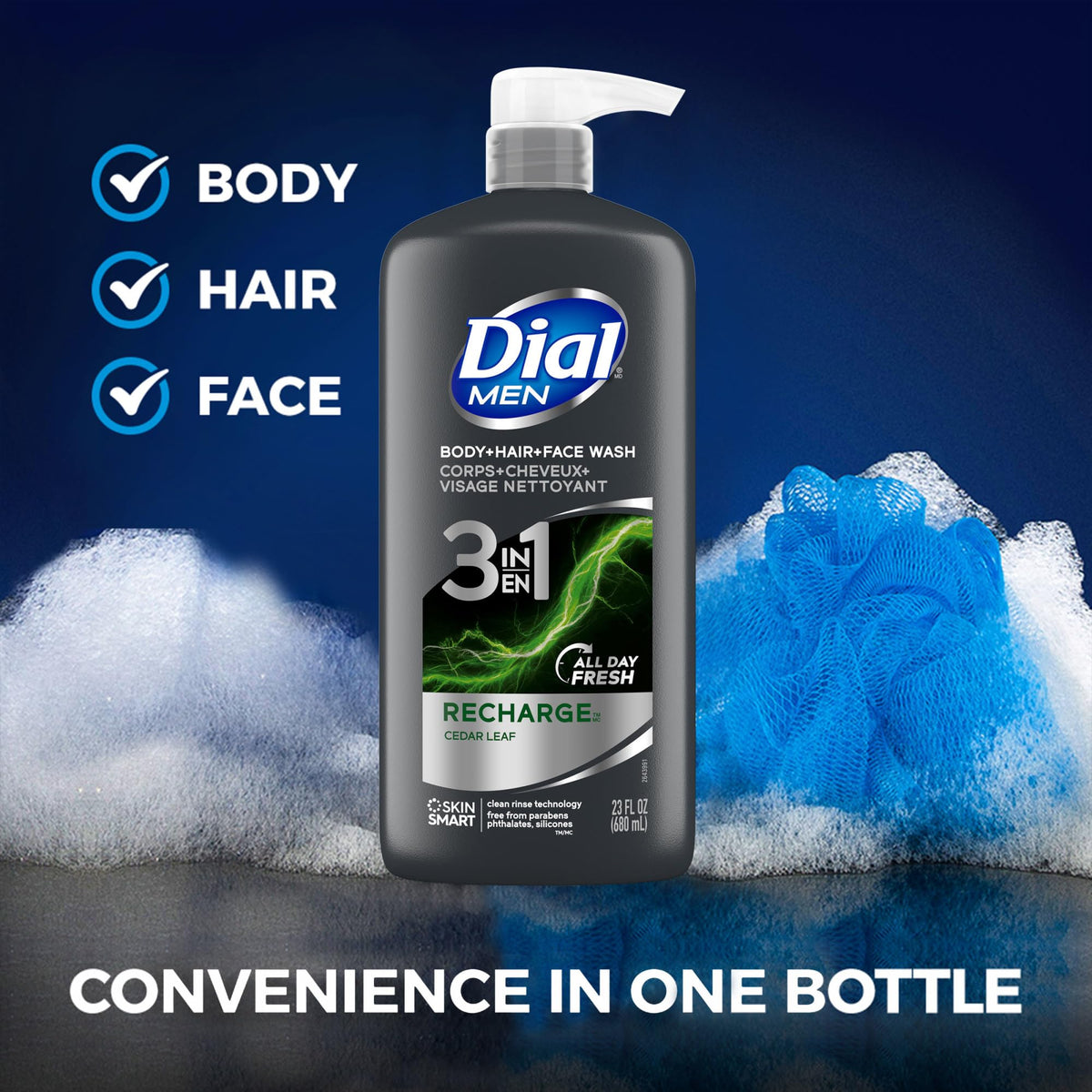 Dial Men 3-in-1 Body, Hair and Face Wash, Recharge, 23 Fl Oz, 3-Pack Dial