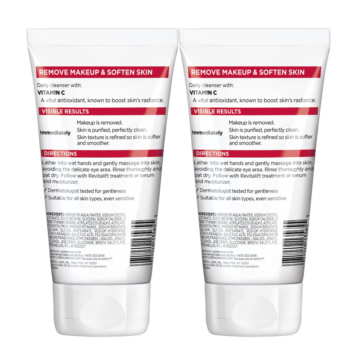 L'Oreal Paris Revitalift Daily Cream Cleanser, Gentle Makeup Remover Face Wash with Vitamin C 5 fl. oz (Pack of 2) L'Oreal Paris