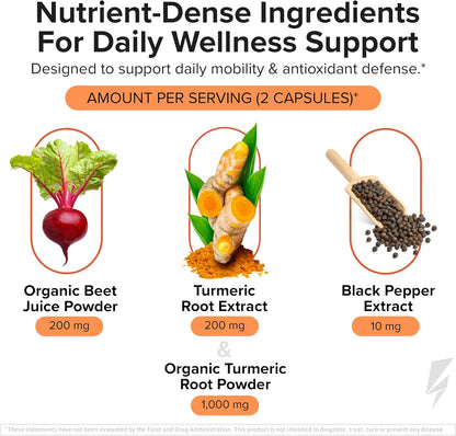 Inno Turmeric + Beet Root - Curcumin Turmeric Powder with Black Pepper & Beet Root Supplement - Supports Digestive Health, Circulation, Bone & Brain Health, Energy and Daily Wellness (60 Capsules)