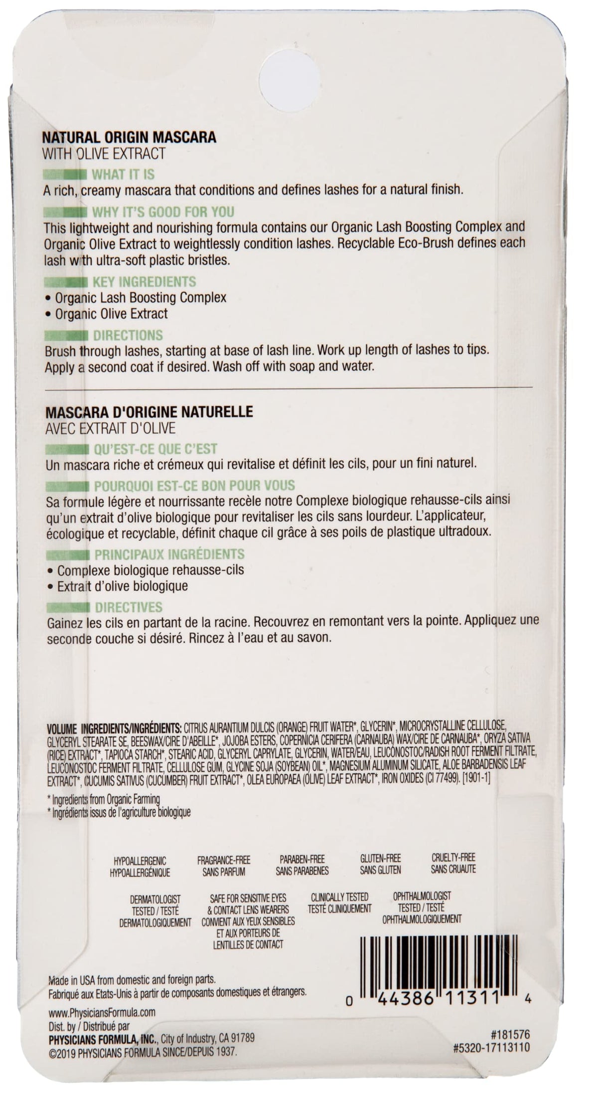 Physicians Formula Organic Wear Lash-Boosting All Natural Mascara, Lifts, Lengthens, For Sensitive Eyes, Dermatologist Tested - Natural Origin Black Physicians Formula