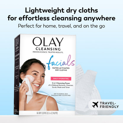 Olay Makeup Remover Wipes, Daily Facials Hydrating Face Cleanser for Normal to Dry Skin, Alcohol & Fragrance Free, Soft Face Wash Towels, Travel Essentials for Women, Convenient Dry Cloths, 66 ct Olay