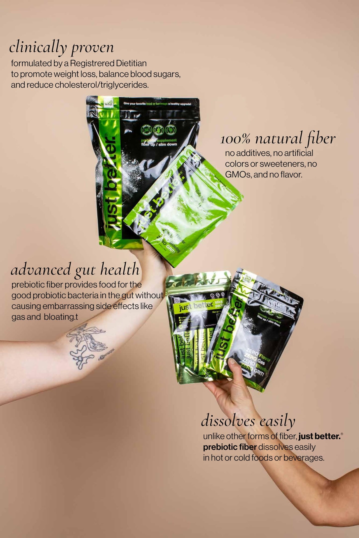 just better. Prebiotic Fiber Supplement for a Healthy Gut | Fiber Powder with Zero Grit Zero Taste and No Bloating or Gas | Feel Full Faster just better.