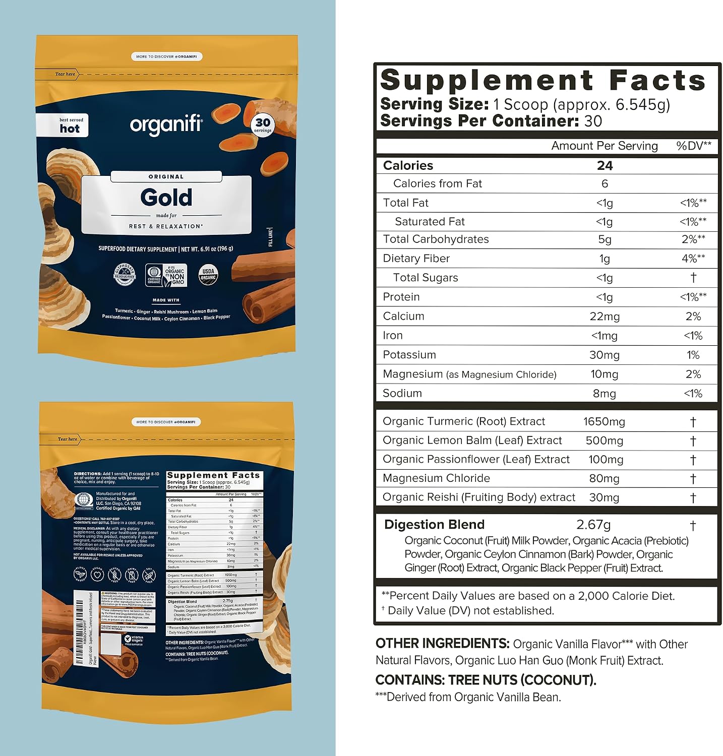 Organifi: Gold - Superfood Supplement Powder- 90 Servings (3 Pack) - Stress Support, Better Rest, Relaxation and Promotes Restful Sleep - Turmeric and Reishi Infused Gsupps Australia