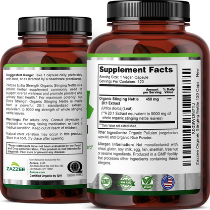 Zazzee USDA Organic Stinging Nettle Leaf 20:1 Extract, 120 Vegan Capsules | 4 Month Supply, Respiratory, Immune & Seasonal Wellness Support, Urtica Dioica, Organic Herbal Supplement, Made in the USA Gsupps Australia