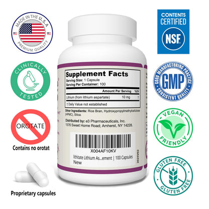 lithitate Lithium Aspartate 10mg | Supports Cognitive Function & Brain Health with Aging | NSF Certified | Promotes Mental Clarity, Healthy Mood & Longevity lithitate