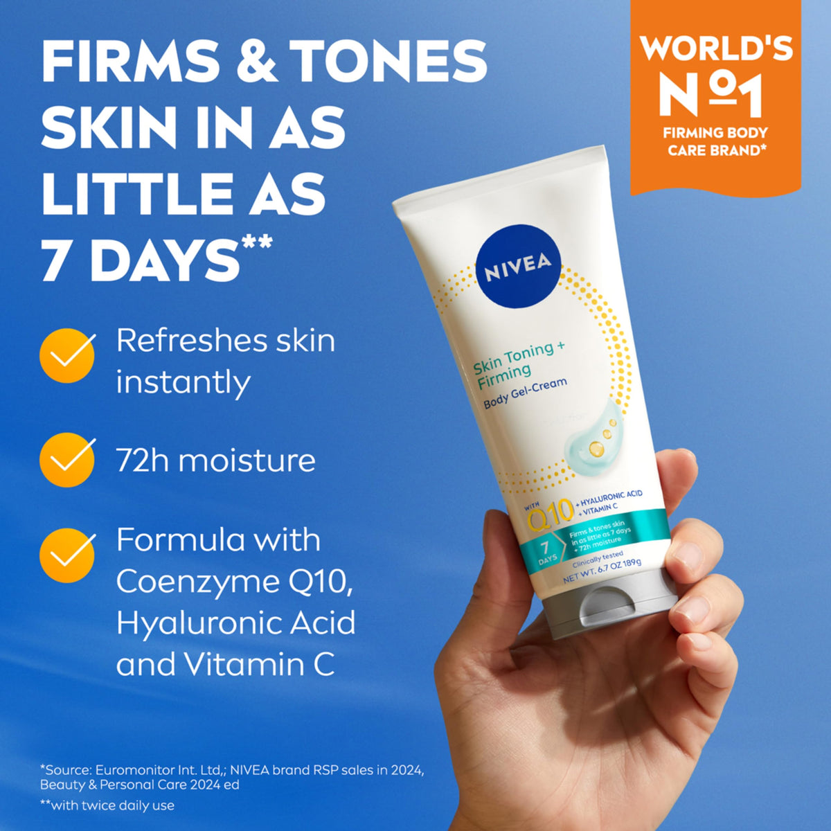 NIVEA Skin Firming & Toning Body Gel Cream with Q10, Hyaluronic Acid and Vitamin C, Clinically Tested Skin Firming & Toning Cream, 72-Hour Moisture, 6.7 Oz Tube NIVEA