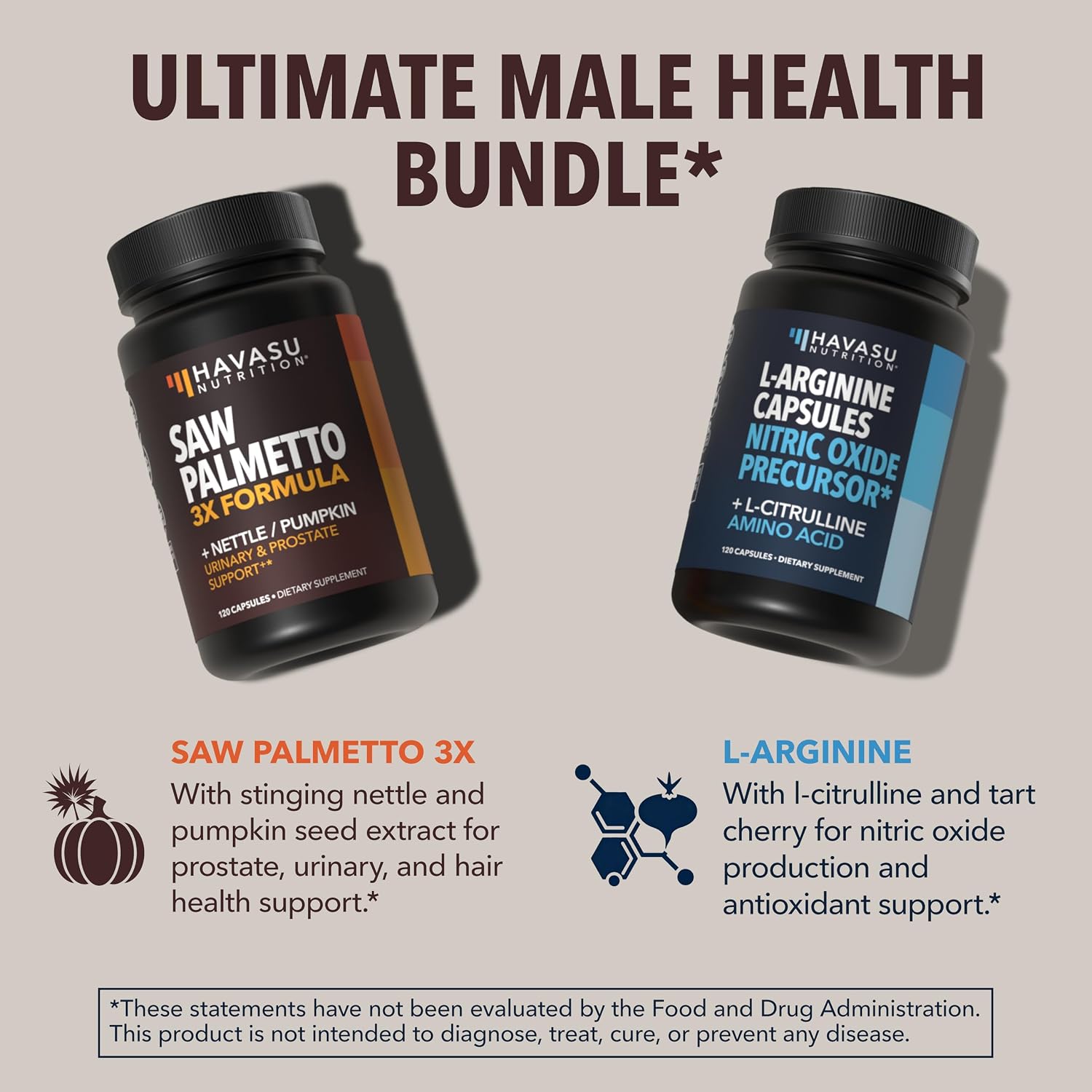 Prostate Health and Nitric Oxide Support Bundle for Active Male Health | Saw Palmetto with Nettle and Pumpkin Capsules & L-Arginine with L-Citrulline Capsules, Bundle for Men, 60 Servings of Each Gsupps Australia