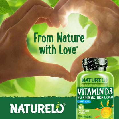 NATURELO Vitamin D - 2500 IU - Plant Based from Lichen - Natural D3 Supplement for Immune System, Bone Support, Joint Health - Vegan NATURELO
