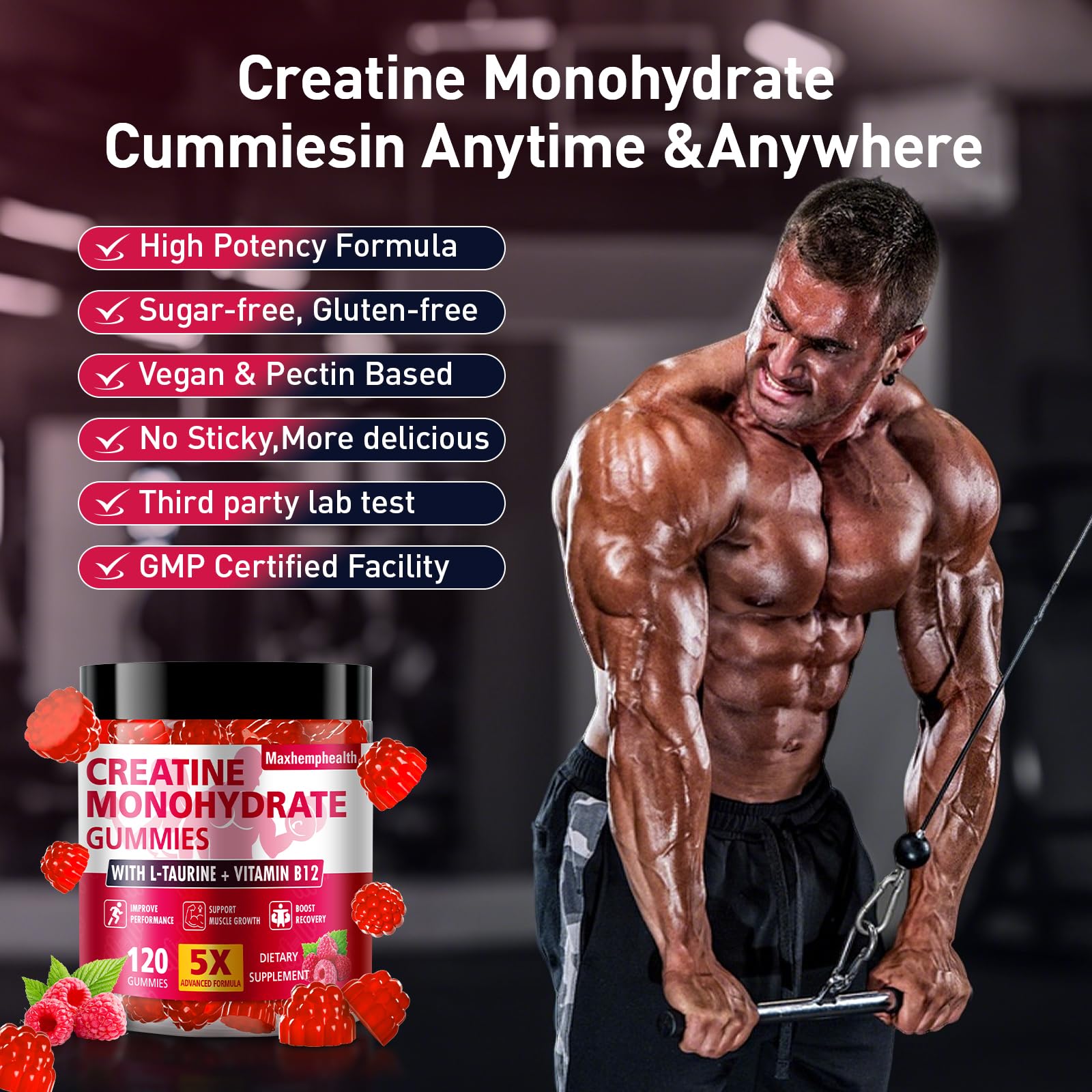 Creatine Gummies for Men & Women, Creatine Monohydrate Gummies 5g, Build Muscle, Strength, Recovery, Cognitive Health & Memory, Pre Workout Supplement, 120 Count Raspberry Chewable Gummy Maxhemphealth buy australia supplements