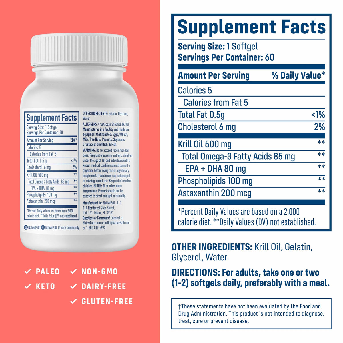 NativePath Antarctic Krill Oil - Wild-Caught Omega 3 Krill Oil 500mg Softgels with EPA, DHA and Astaxanthin - Supplement for Joint, Hear NativePath