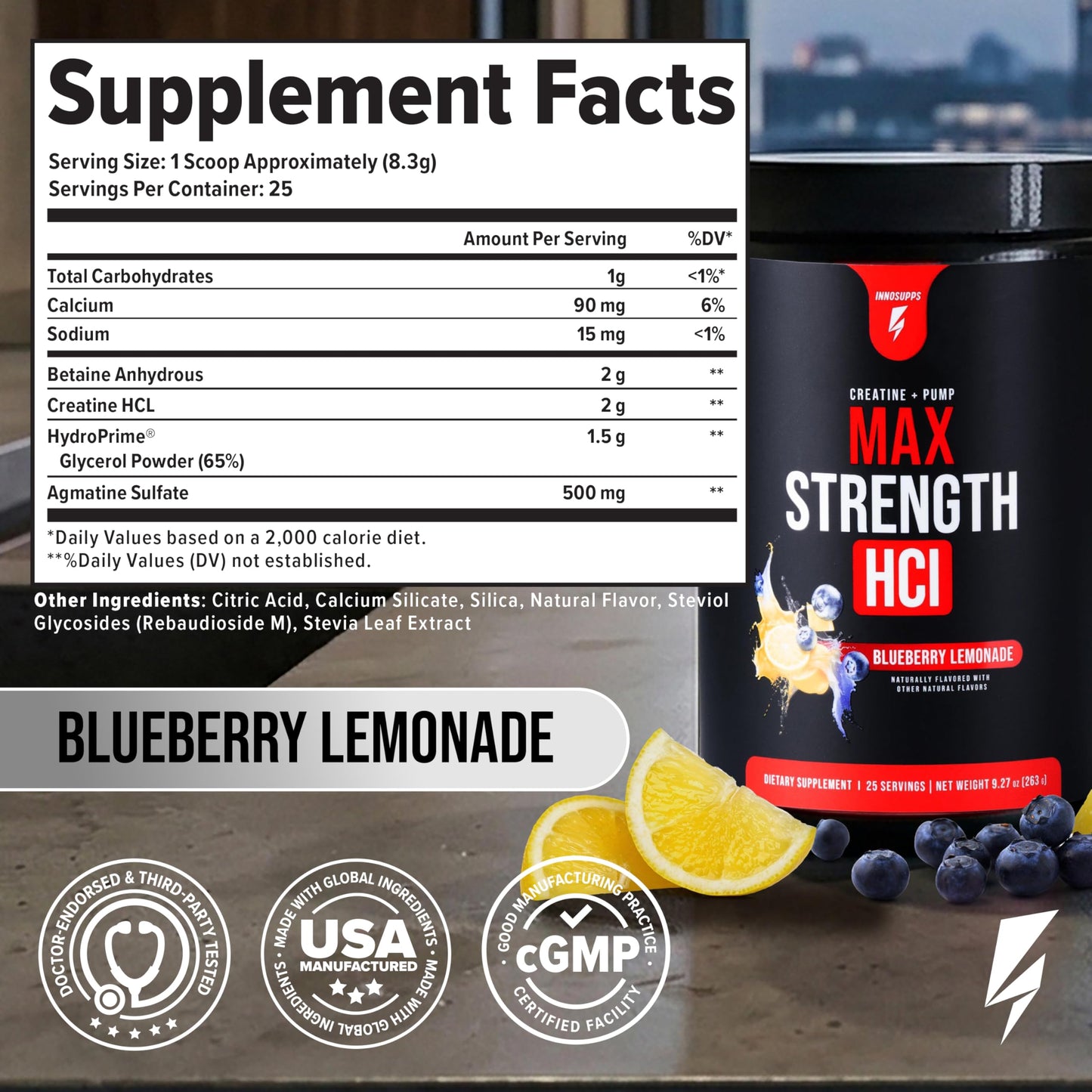 Max Strength HCl - Pre Workout Creatine HCl Powder for Muscle Growth, Endurance & Recovery - No Bloat, Superior Absorption - Pre and Post Workout Supplement for Men & Women (Blueberry Lemonade)