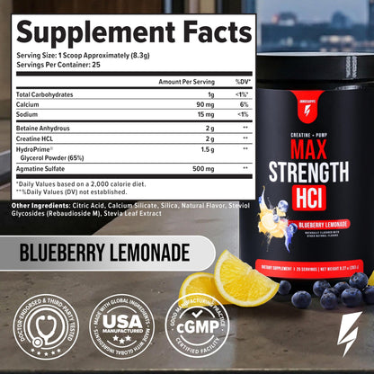 Max Strength HCl - Pre Workout Creatine HCl Powder for Muscle Growth, Endurance & Recovery - No Bloat, Superior Absorption - Pre and Post Workout Supplement for Men & Women (Blueberry Lemonade)