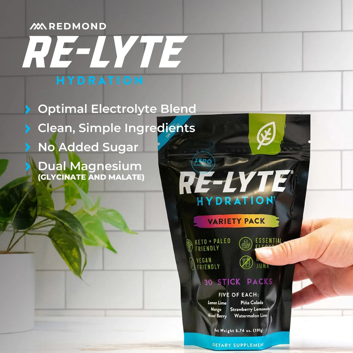 REDMOND Re-Lyte Hydration Electrolyte Powder Mix, Variety Pack, 30 Stick Packs REDMOND