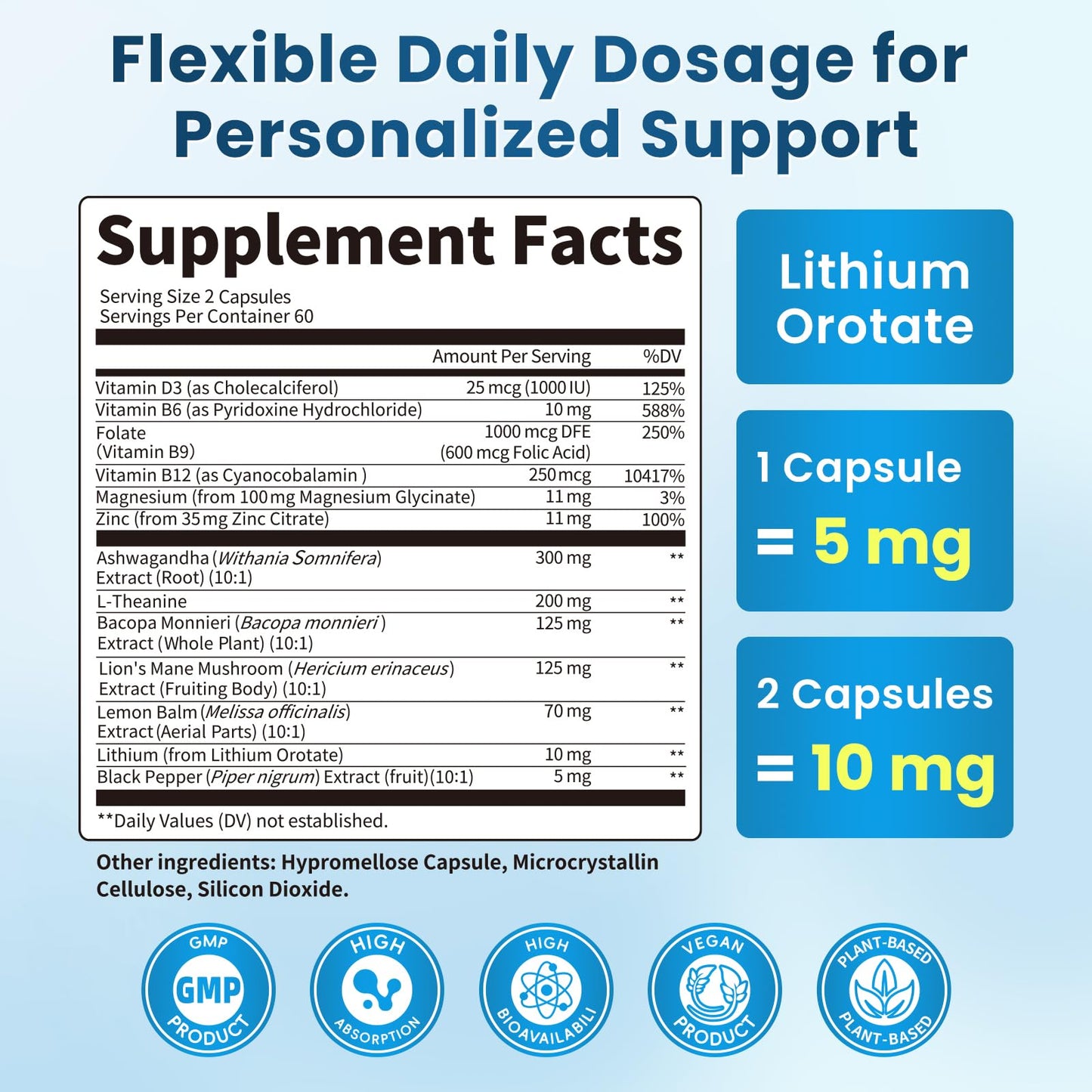 Lithium Orotate 5/10mg, L-Theanine 200mg, Ashwagandha 300mg - Mood Focus Memory Brain Supplements with Bacopa Monnieri, Lion’s Mane, Magnesium, Zinc D3 B6 Folate B12 Lukaree