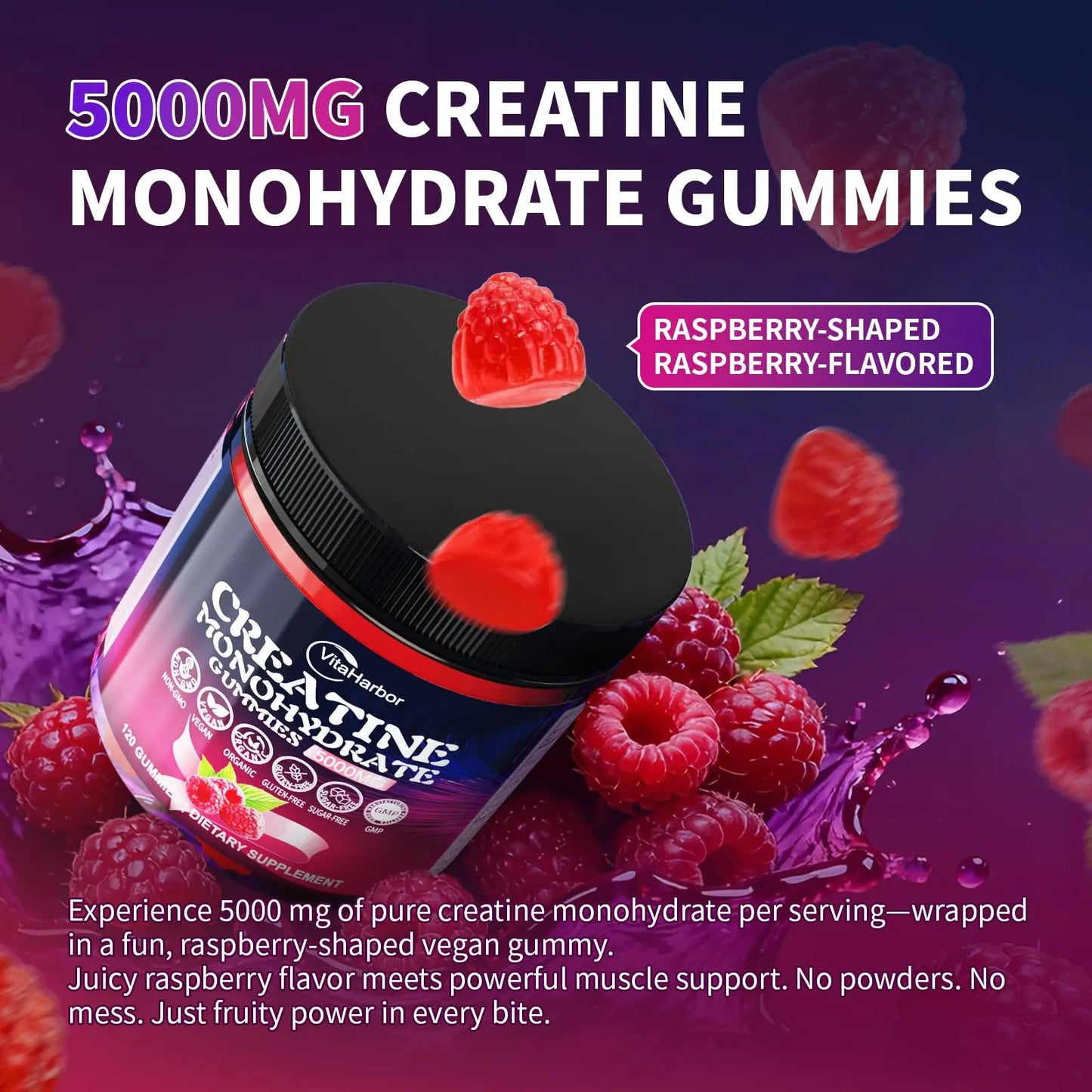 Creatine Monohydrate Gummies 5000mg for Men & Women, Organic Pure Creatine Gummies | Sugar Free,Vegan, Non-GMO,Raspberry Flavor, 120 Count VitaHarbor