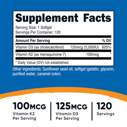 Nutricost Vitamin D3 + K2 (5000 IU D3 / 100mcg MK7), 120 Softgels – Gluten-Free & Non-GMO Nutricost