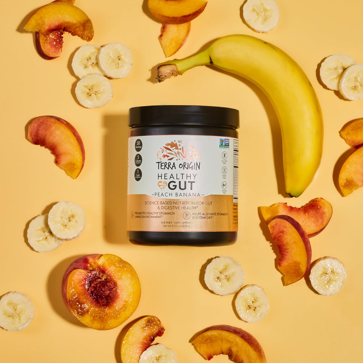 TERRA ORIGIN Healthy Gut Peach Banana | 30-Servings with L-Glutamine, Zinc, Glucosamine, Slippery Elm Bark, Marshmallow Root and More! TERRA ORIGIN
