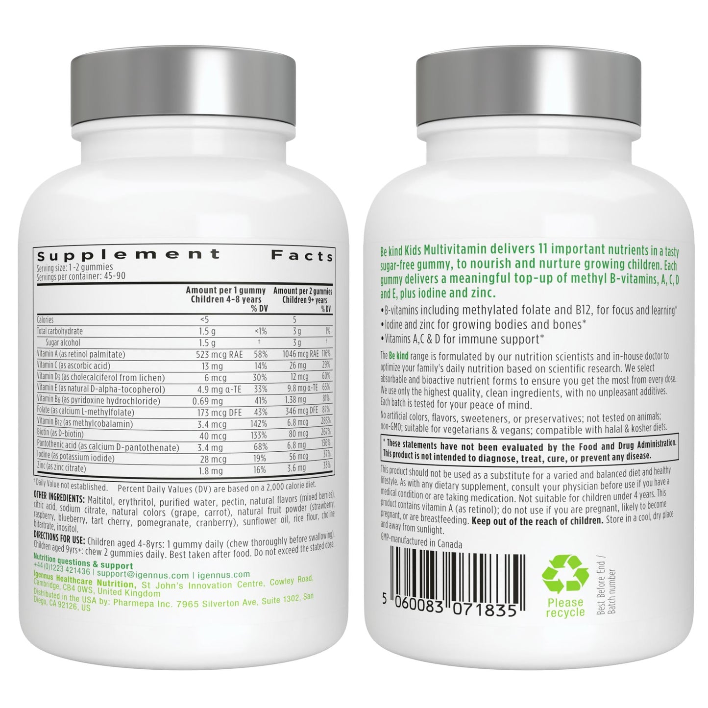Igennus Methylated Kids Multivitamin Gummies, Clean Label & Third Party Tested, No Artificial Sweeteners or Flavors, Sugar Free, Age 4+, 90 Natural Berry Flavor Igennus Healthcare Nutrition