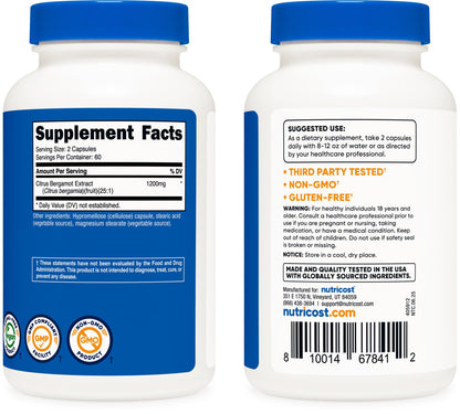 Nutricost Citrus Bergamot Capsules 1,200mg, 120 Capsules - 25:1 Bergamot Extract - 60 Servings, Gluten Free, Vegan & Non-GMO Nutricost