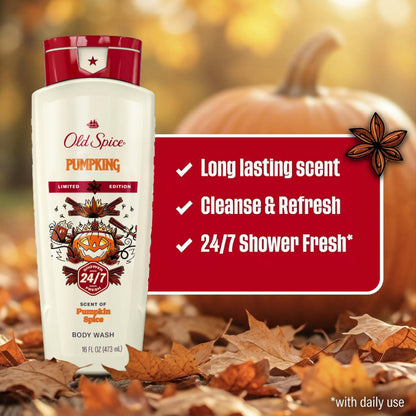 Old Spice Body Wash for Men, Fallidudes Edition, 24/7 Frightful Freshness, Long Lasting Cleanse & Refresh, Rich Lather, PumpKing Pumpkin Spice Scent, 16 oz Old Spice