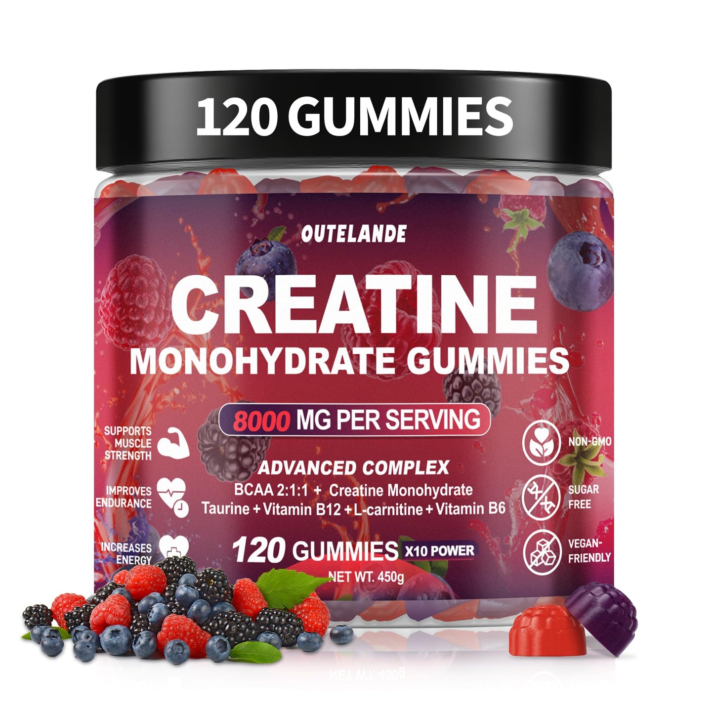 Creatine Monohydrate Gummies 8000 mg for Men & Women, Creatine Supplement for Enhanced Muscle Growth, Energy Boost - with L-Taurine, Sugar Free, Vegan OUTELANDE