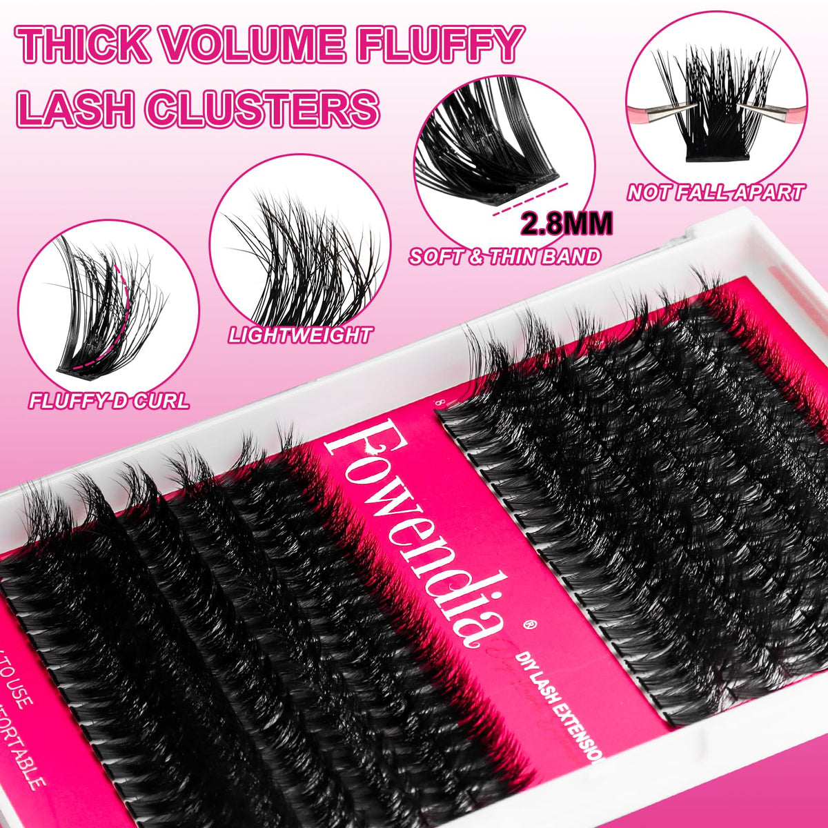 Fowendia Lash Clusters Kit Fluff 80D 100D Individual Lashes D-Curly Cluster Eyelash Extensions 10-18mm DIY Lash Extension Kit Lash Bond and Seal Waterproof, Lash Applicator, Thick False Eyelashes Kit Fowendia