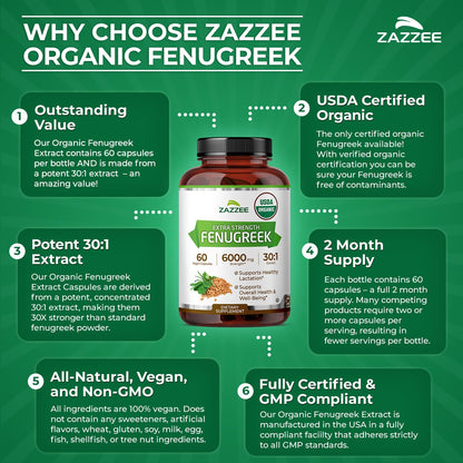 Zazzee USDA Organic Fenugreek 30:1 Extract, 120 Capsules, 4 Month Supply | Vegan, Breastfeeding & Lactation Support for Nursing Mothers, Organic Herbal Supplement, All-Natural, Non-GMO, Made in USA Gsupps Australia