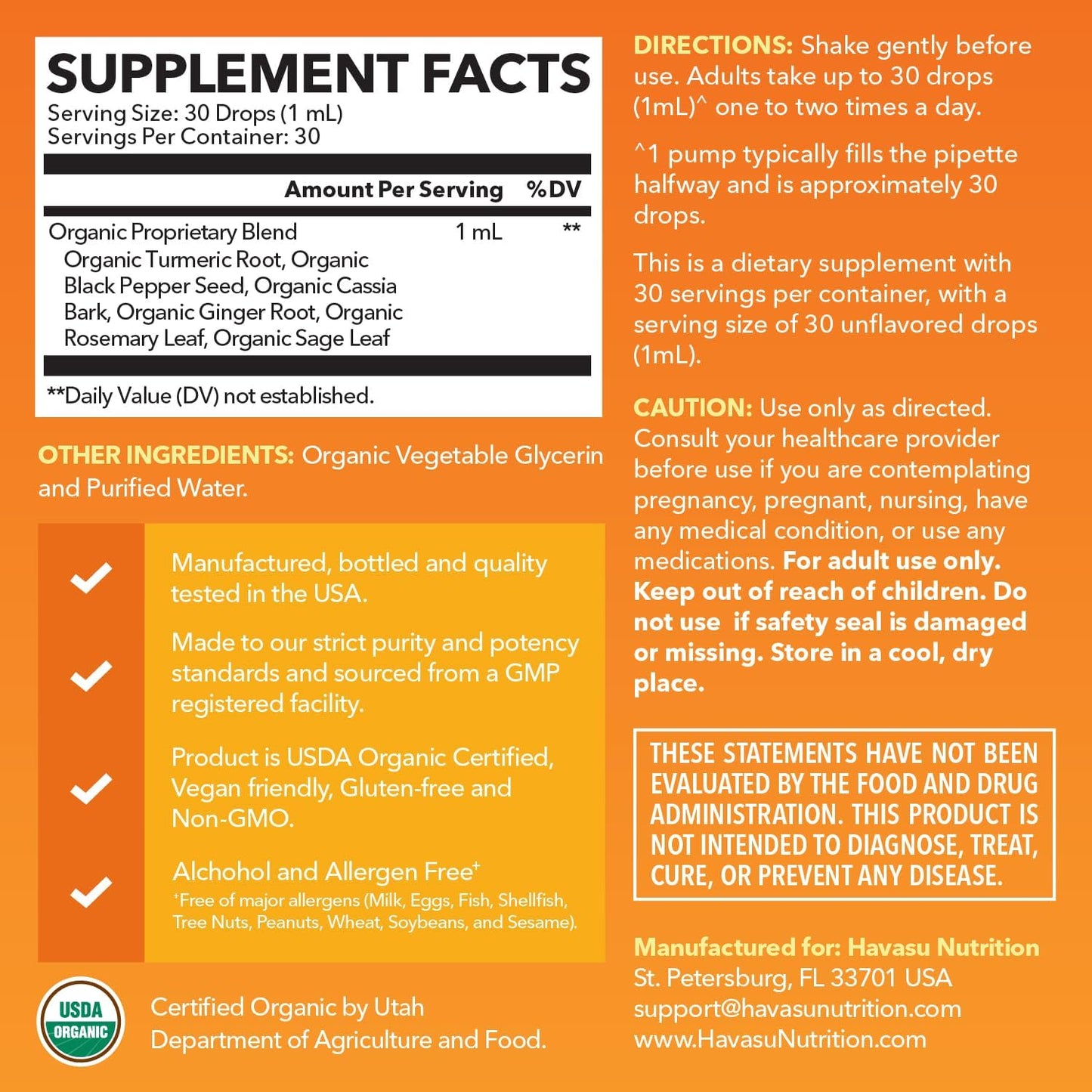 Organic Turmeric Supplement Liquid Drops, Unflavored,1 Fl Oz, 30 Servings | Liquid Turmeric with Black Pepper, USDA Certified, Vegan, Non-GMO 1000mg Curcumin for Movement and Immune Support Gsupps Australia