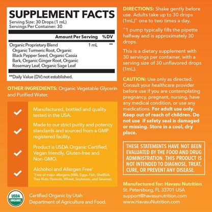 Organic Turmeric Supplement Liquid Drops, Unflavored,1 Fl Oz, 30 Servings | Liquid Turmeric with Black Pepper, USDA Certified, Vegan, Non-GMO 1000mg Curcumin for Movement and Immune Support Gsupps Australia