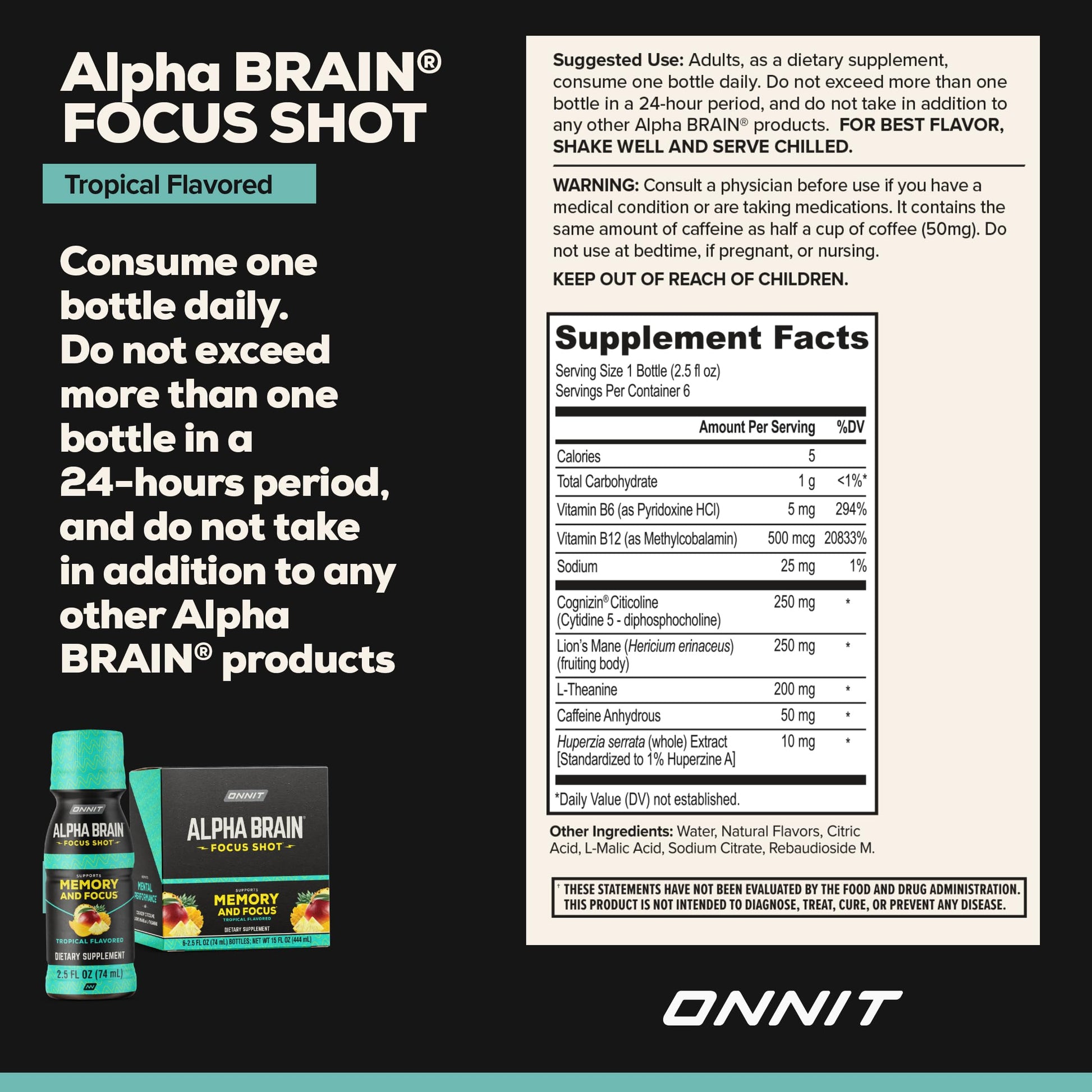 ONNIT Alpha Brain Focus Shot, Tropical Flavor, Nootropic Dietary Supplement Drink That Supports Energy, Focus, and Mood, IGEN™ Non-GMO Tested, 2.5 fl oz, 6 Count ONNIT buy australia supplements