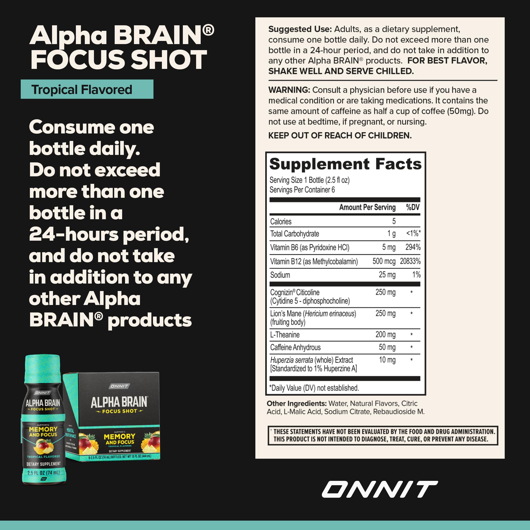 ONNIT Alpha Brain Focus Shot, Tropical Flavor, Nootropic Dietary Supplement Drink That Supports Energy, Focus, and Mood, IGEN™ Non-GMO Tested, 2.5 fl oz, 6 Count ONNIT buy australia supplements