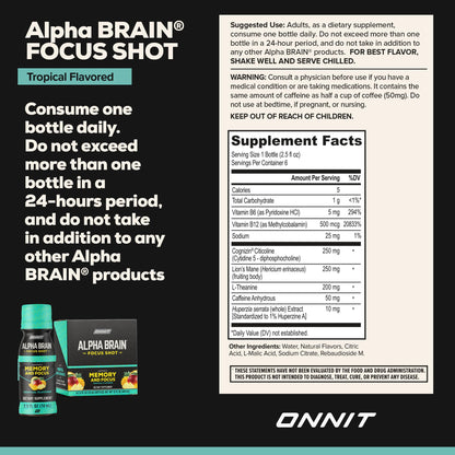 ONNIT Alpha Brain Focus Shot, Tropical Flavor, Nootropic Dietary Supplement Drink that Supports Energy, Focus, and Mood, IGEN™ Non-GMO Tested, 2.5 fl oz, 6 Count