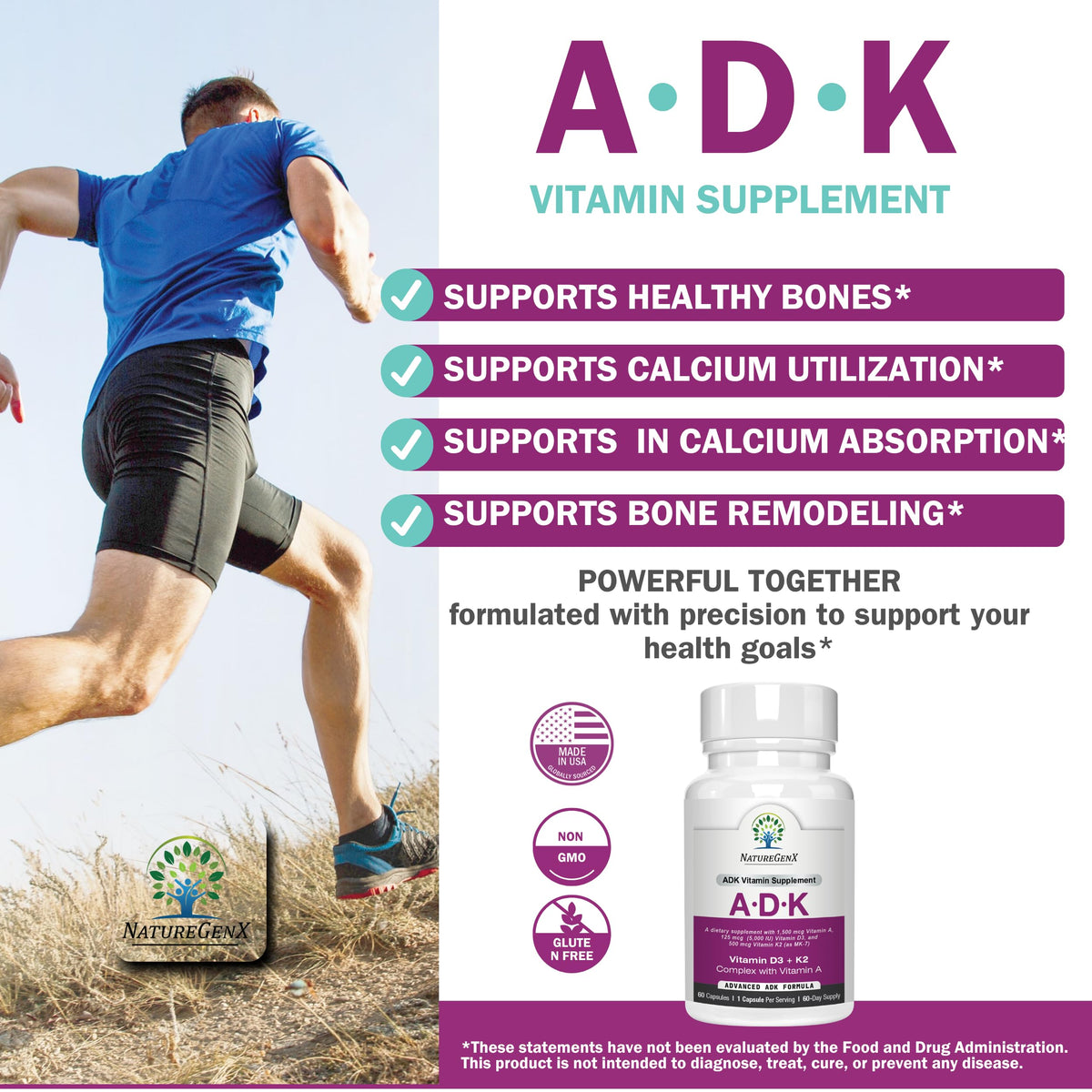 NatureGenX ADK Vitamin Supplement – Vitamins A, D3 & K2 MK-7 for Bone Health & Calcium Absorption – Gluten-Free, Non-GMO, Soy-Free NatureGenX