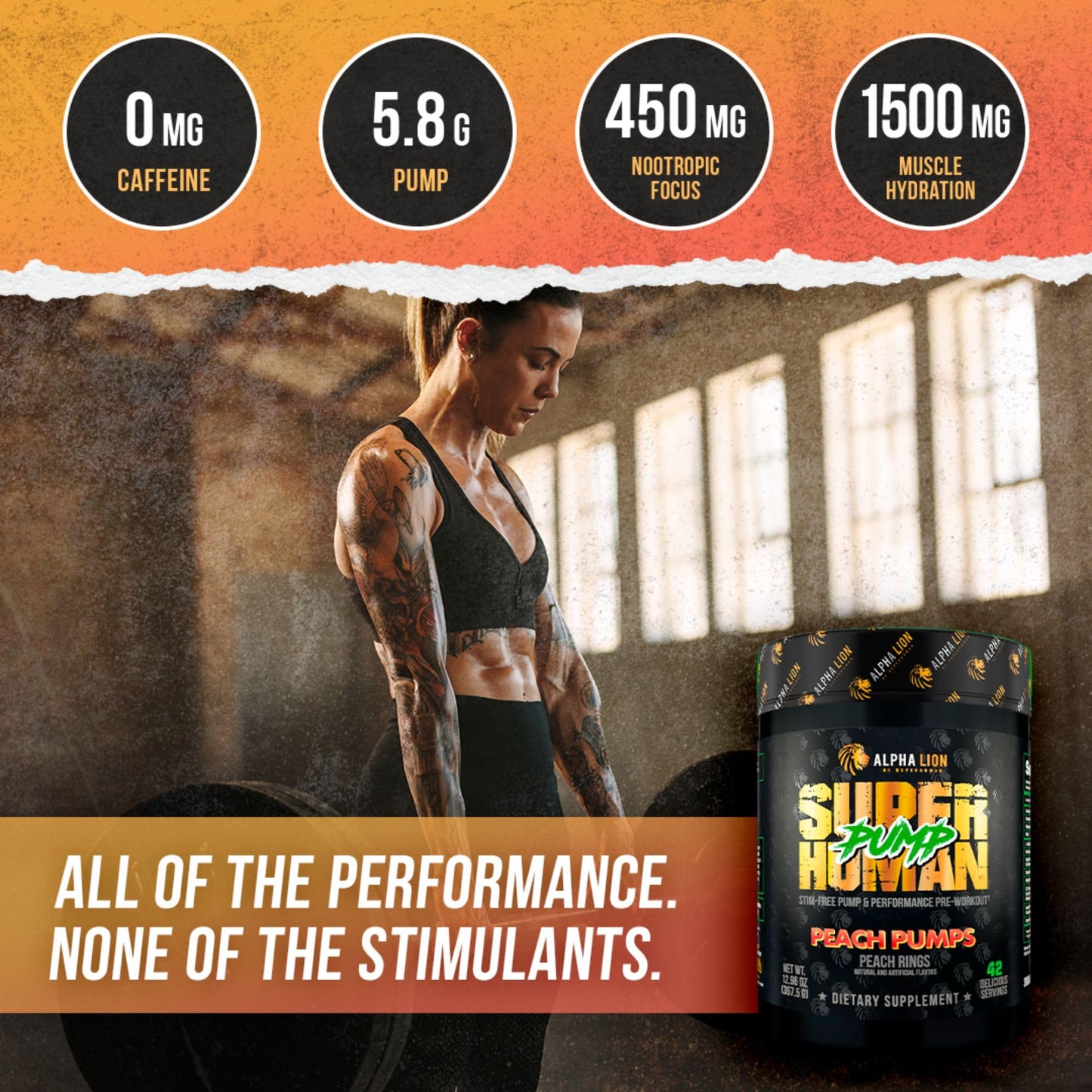 ALPHA LION Superhuman Pump Pre Workout Powder, Nootropic Caffeine & Stim Free Preworkout Supplement, Nitric Oxide Booster, Muscle Gainer, Energy & Focus (42 Servings, Mango Veiniac Flavor)