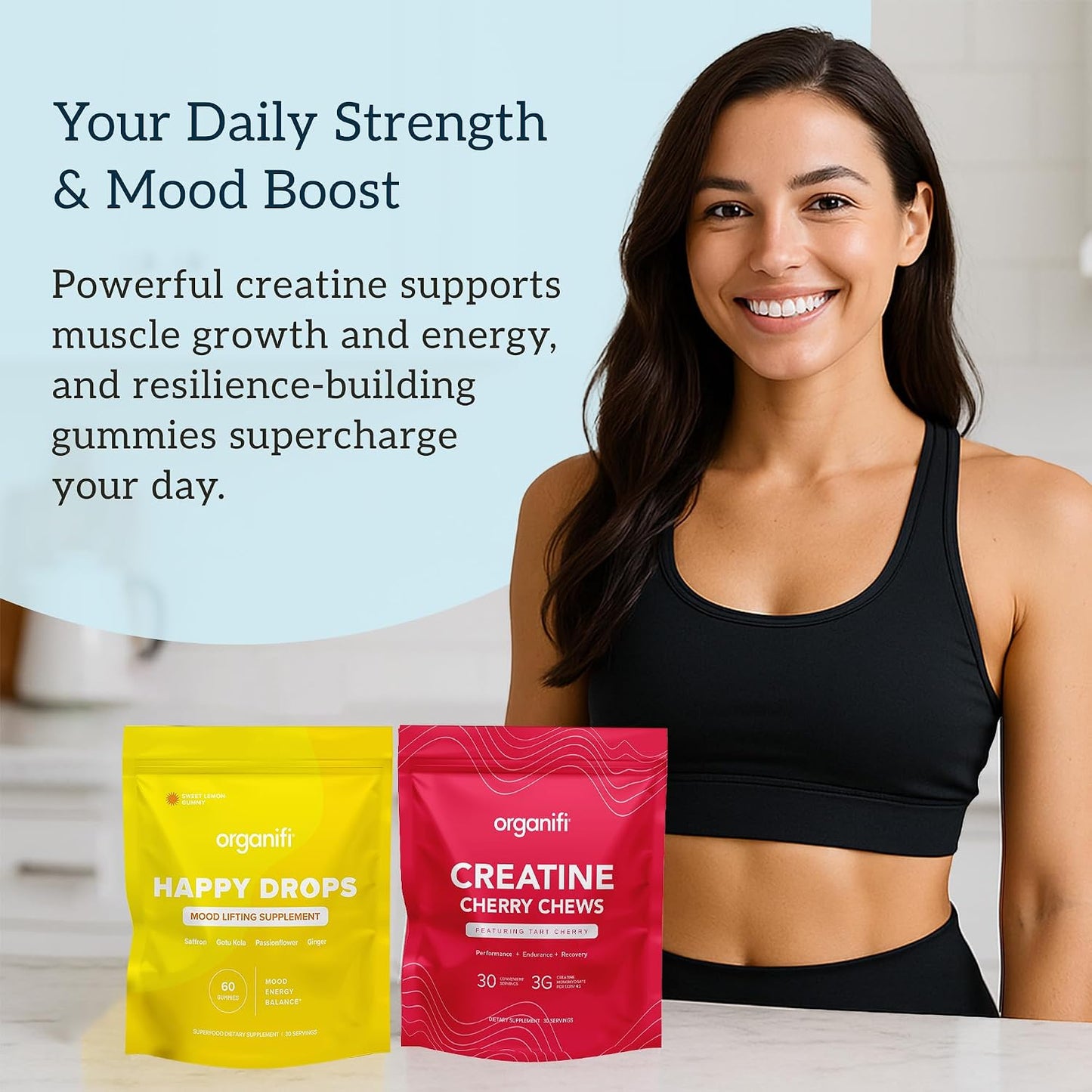 Organifi Strength and Mood Bundle - 30 Servings of Creatine Cherry Chews and Lemon Happy Drops - Delicious Creatine Monohydrate and Calming Saffron Gummies for Men and Women Gsupps Australia