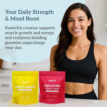 Organifi Strength and Mood Bundle - 30 Servings of Creatine Cherry Chews and Lemon Happy Drops - Delicious Creatine Monohydrate and Calming Saffron Gummies for Men and Women Gsupps Australia