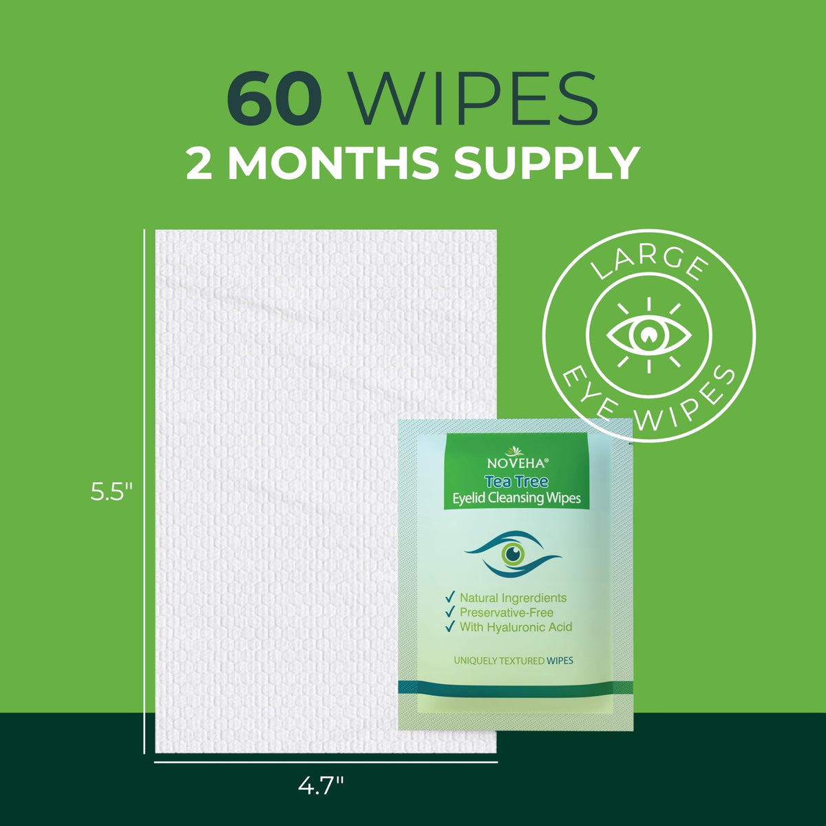 NOVEHA 60PCs Tea Tree Oil Eyelid & Lash Wipes | With Hyaluronic Acid, Green Tea & Chamomile For Blepharitis, Itchy & Stye Eyes, Individually Wrapped, Natural Eyelash Makeup Remover & Daily Cleanser NOVEHA