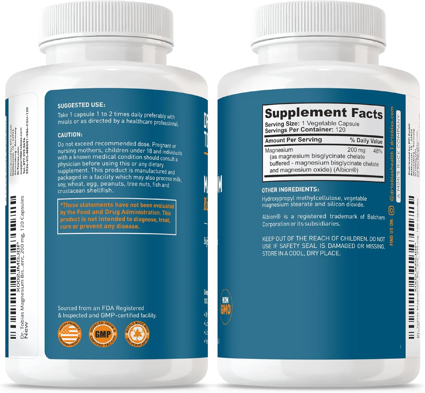 Dr. Tobias Magnesium Bisglycinate - High Absorption Magnesium Buffered Chelate Complex 200 mg per Capsule | Supports Energy, Muscle, Bone & Joint Health - Non-GMO Magnesium Supplement, 120 Capsules