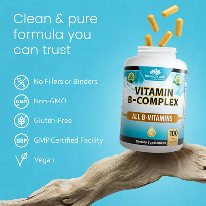 NaturaLife Labs Vitamin B Complex – All B Vitamins Including Active B2, B6, B9 & B12 (Methylcobalamin), Plus B1, B3, B5, B7 & Vitamin C – 100 Capsules NaturaLife Labs