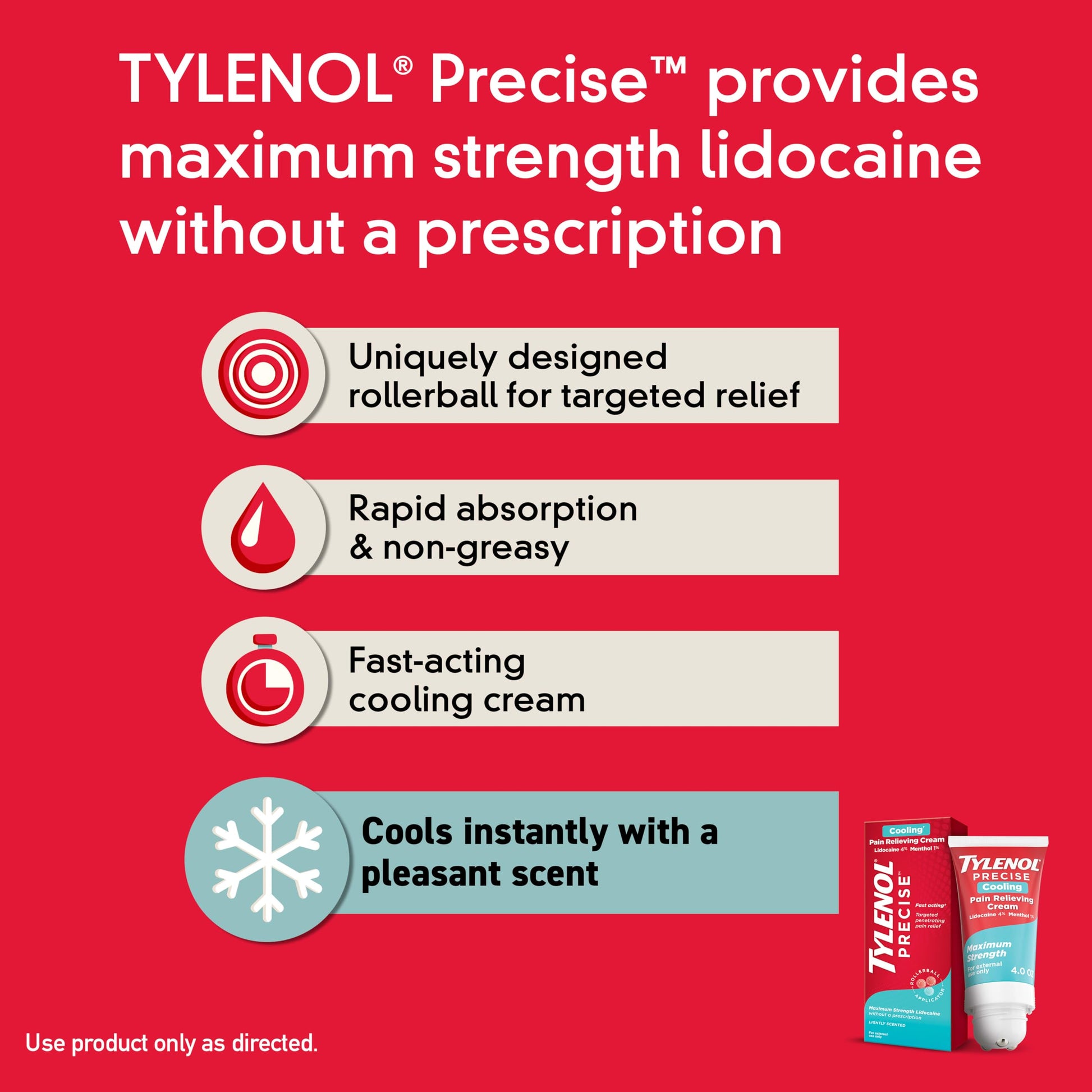 Tylenol Precise Cream, Cooling Sensation Pain Relief, Roll‑On, Lidocaine 4%, Menthol 1%, Targeted Maximum OTC Strength Combination for Back, Muscle and Joint, Numbing Cream Rollerball Applicator, 4 oz Tylenol buy australia supplements